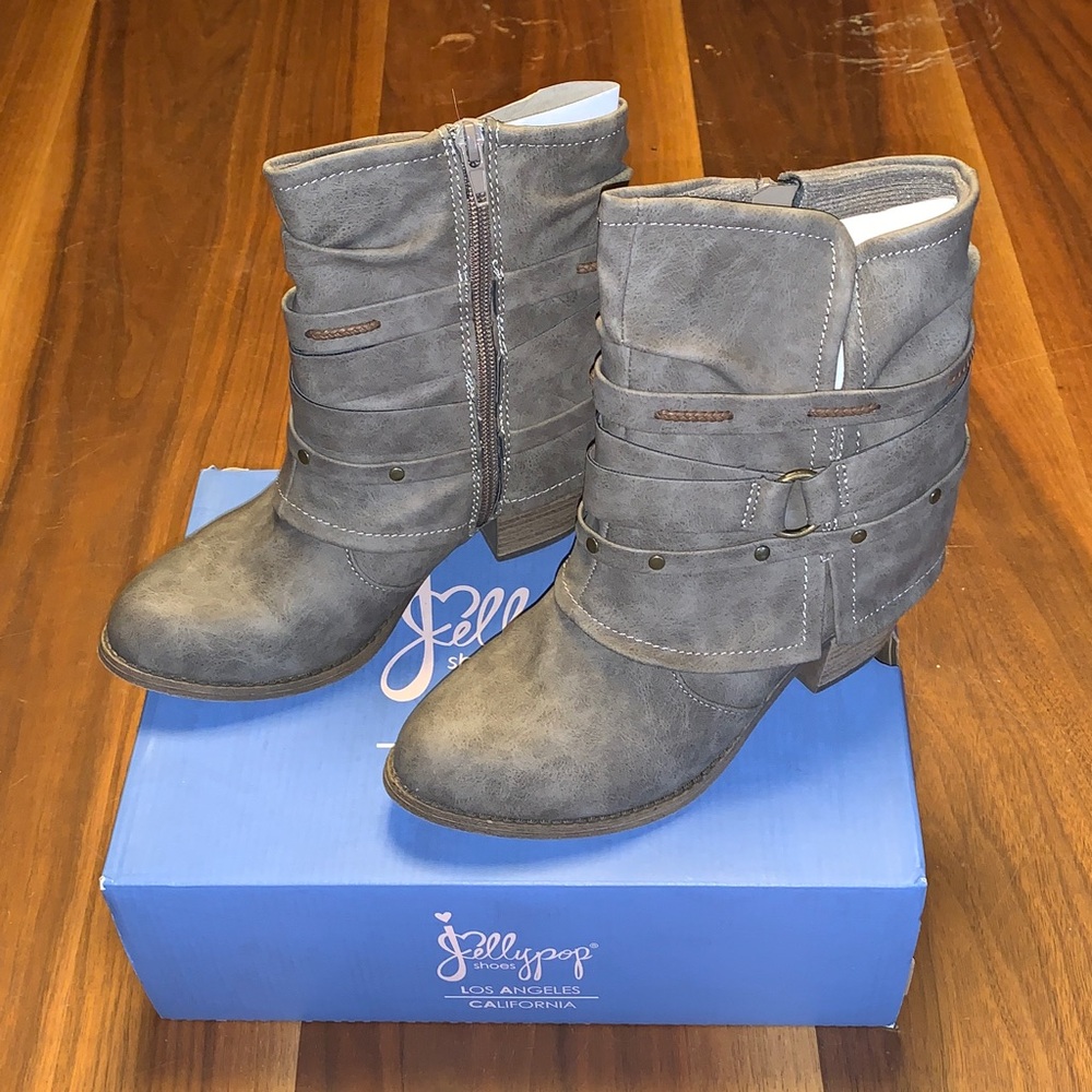 Jellypop Gray Layered Strap Buckle Ankle Booties